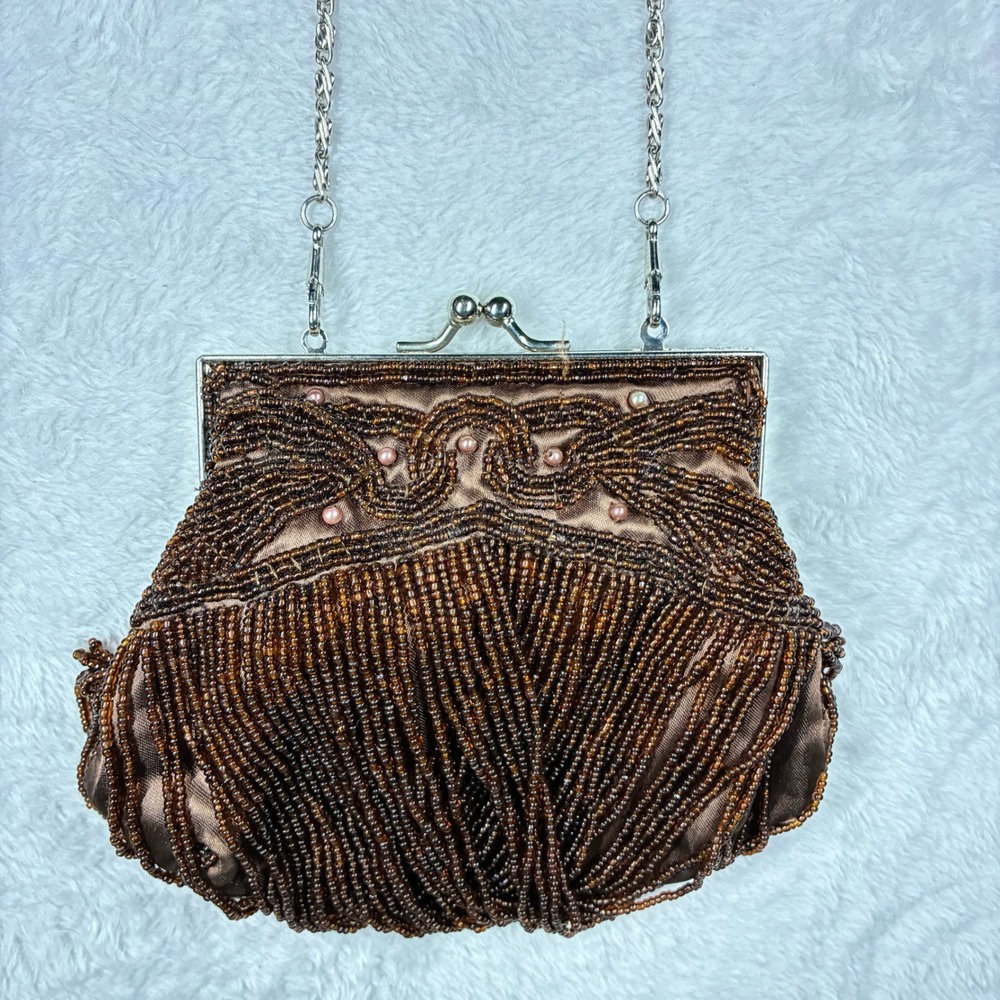 Bijoux Terner Brown Beaded Fringe Satin Evening Bag Clutch Silver Chain Strap